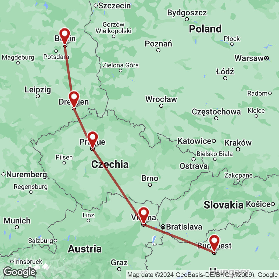 Route for Budapest, Vienna, Prague, Dresden, Berlin tour